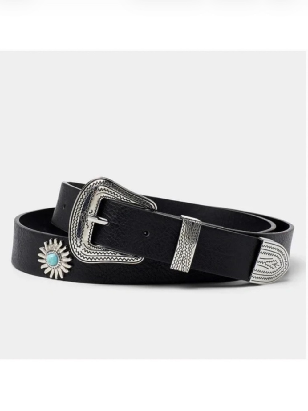 Floral metal medallion and blue turquoise stone faux leather western belt NWT